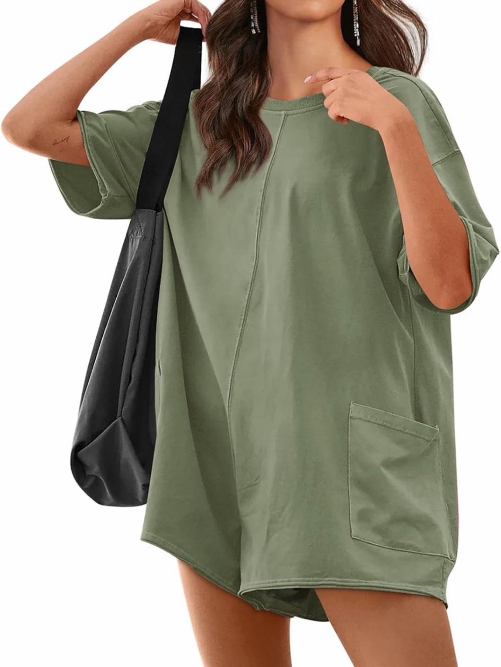 Relaxed Oversized Olive Green Pocket T-Shirt Romper 95% Cotton 5% Spandex